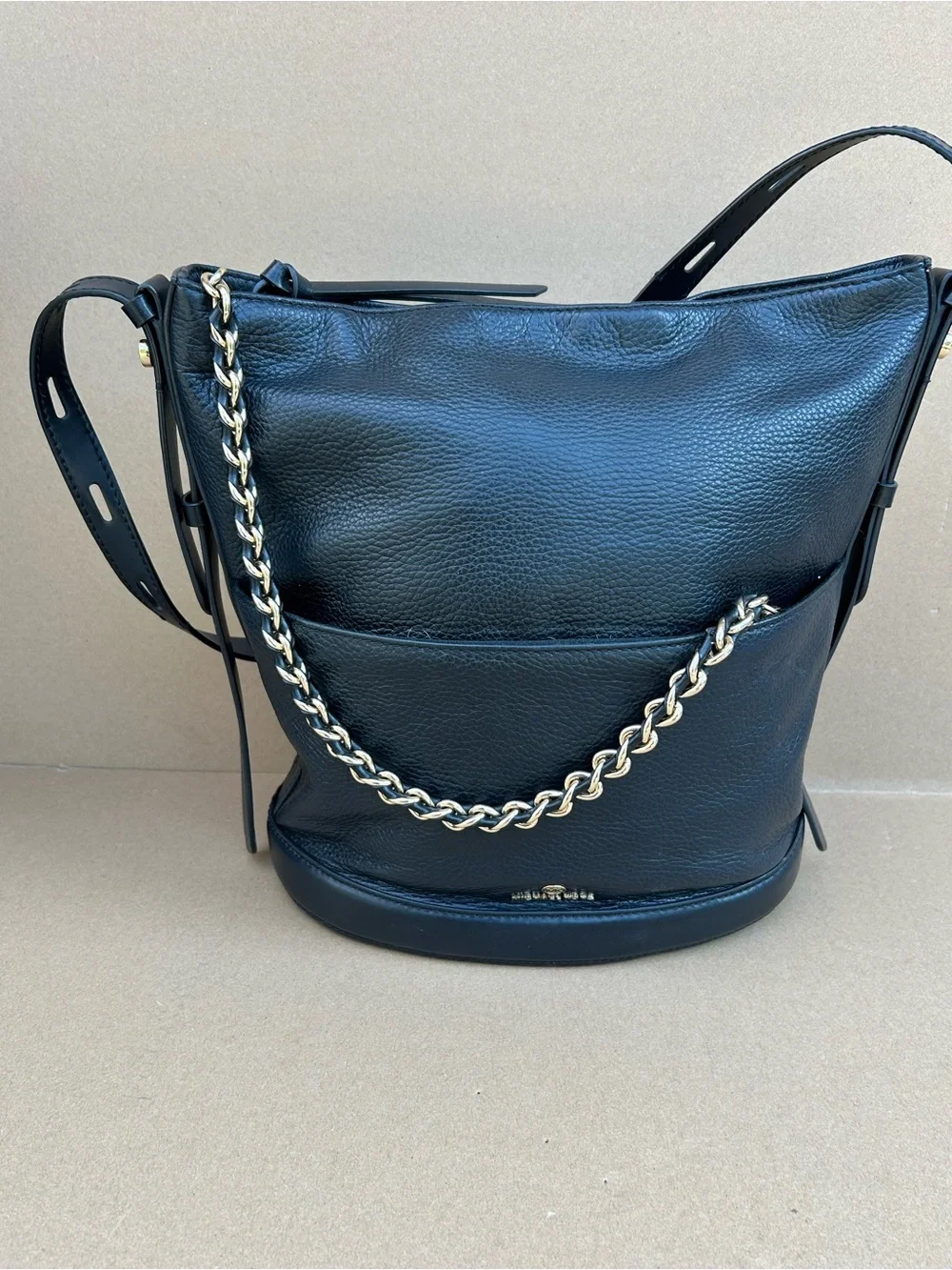 Michael Kors Reese Pebbled Leather Shoulder Tote Bucket Bag Chain Large Black